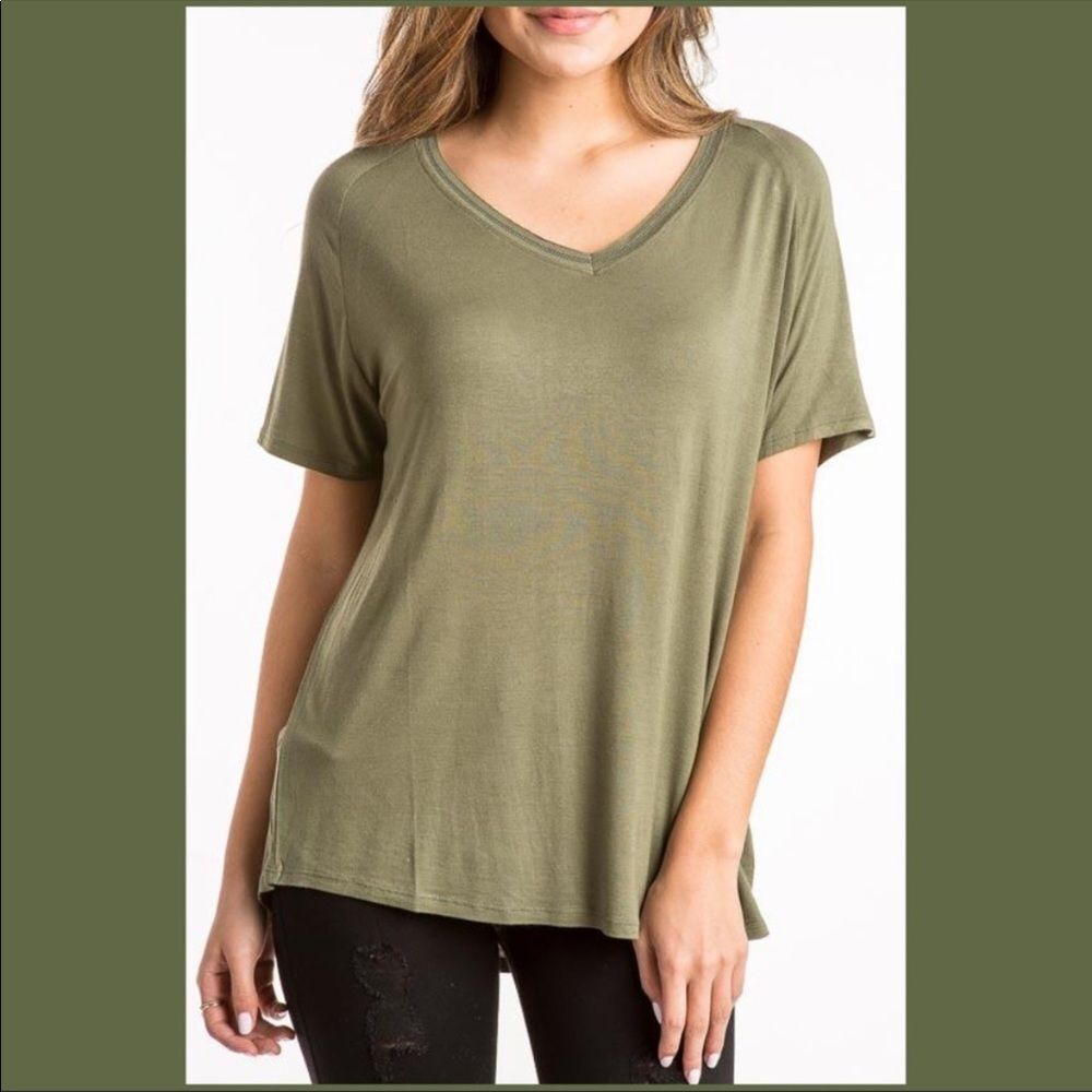 Olive Green Soft Slouchy V Tee Asymmetrical 1X